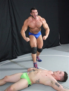 Brian Cage victory pose over Marco bodybuilder flexing big biceps huge pecs chest 