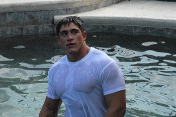 cameron matthews flexing posing tshirt pool chest pecs