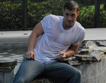 cameron matthews flexing posing chest tshirt pool jeans