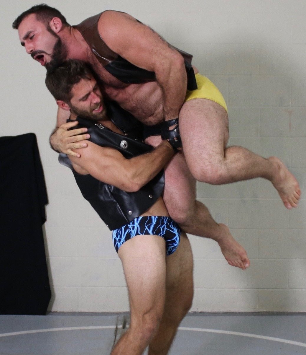 Blayne picks Rex up with a ball claw at Thunders Arena Wrestling 