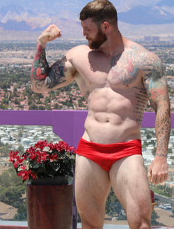 Thunders wrestling tight red speedo rooftop abs facial hair 