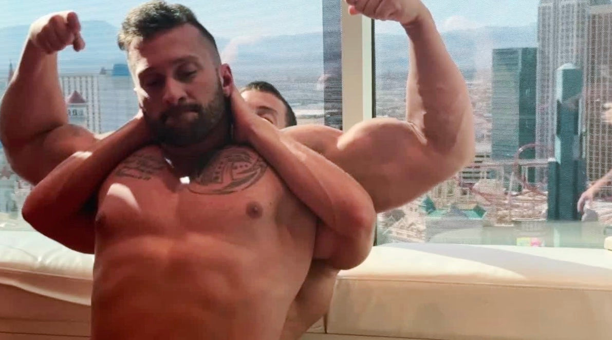 Scrappy puts Stallion into a full Nelson at Thunders Arena Wrestling.