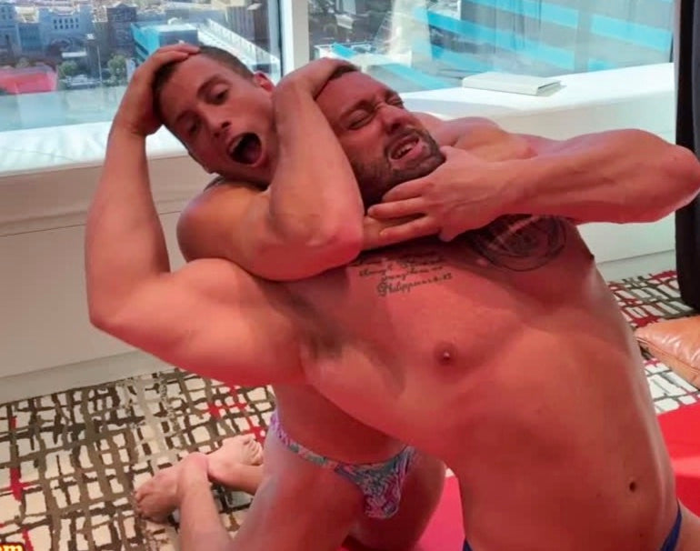 Scrappy puts Stallion into a headlock at Thunders Arena Wrestling. 