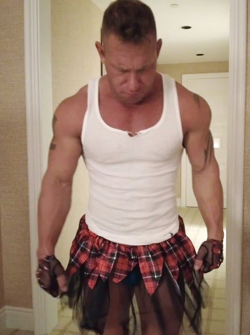 Tristan wearing a skirt