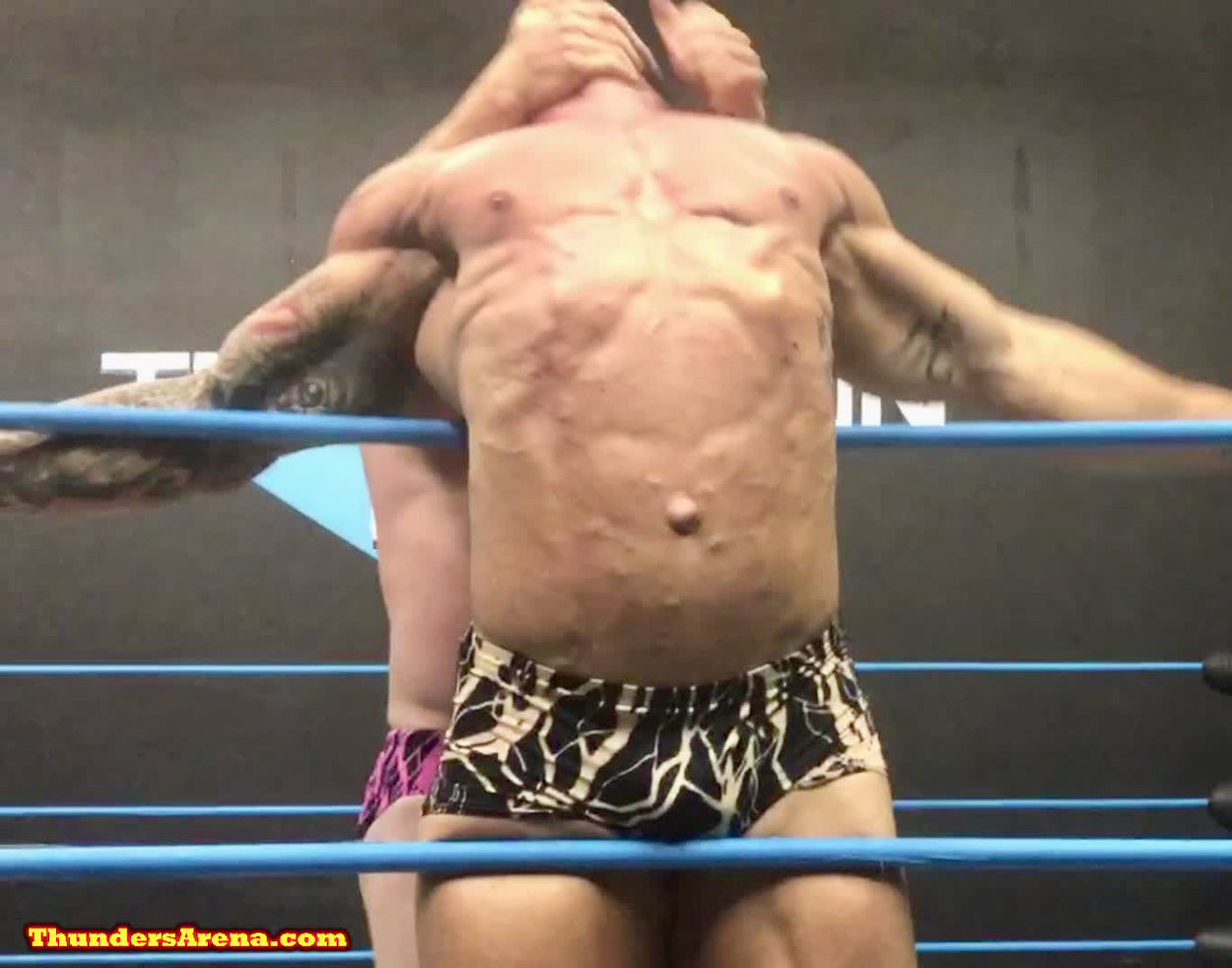 Joey King puts Bull into a back breaker at Thunders Arena Wrestling.