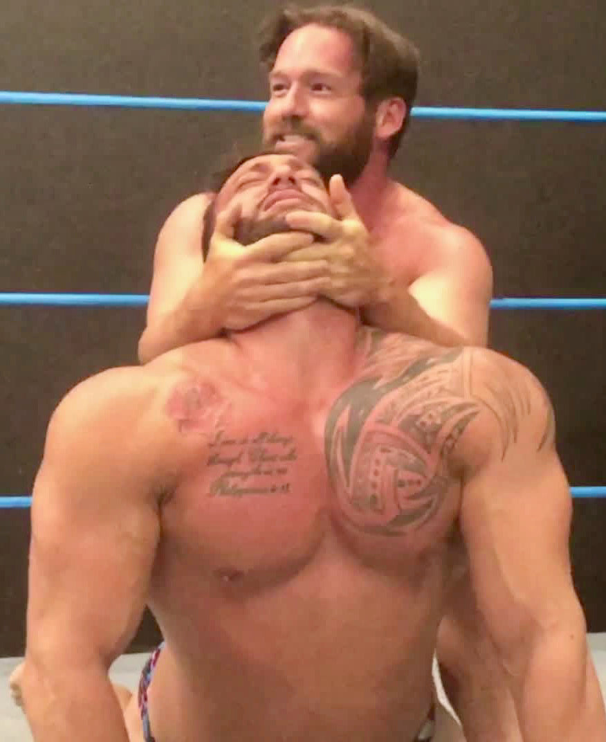 Joey King puts Stallion into a back breaker at Thunders Aren Wrestling.