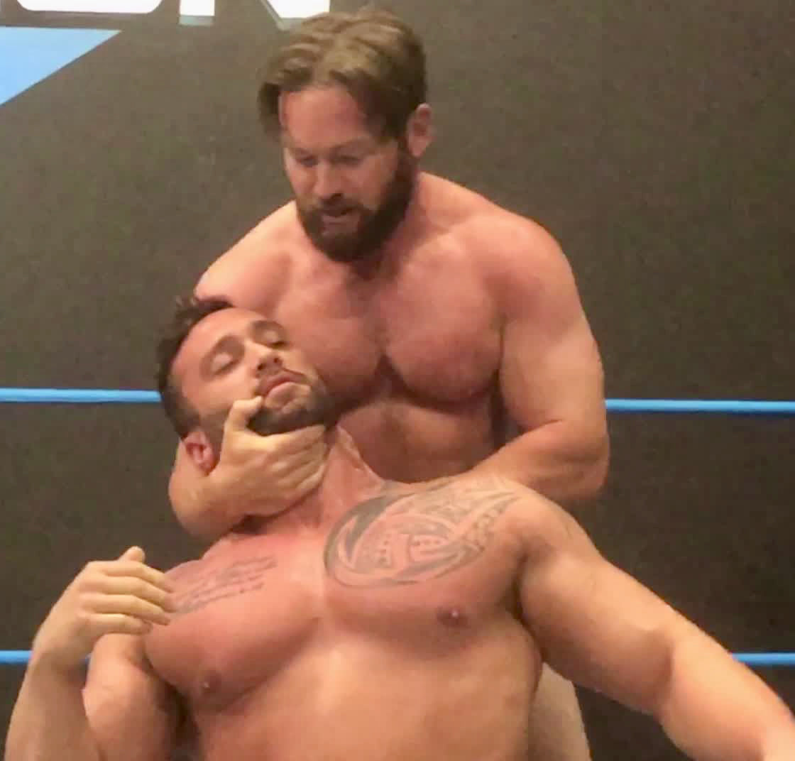 Joey King puts Stallion into a sleeper at Thunders Arena Wrestling. 