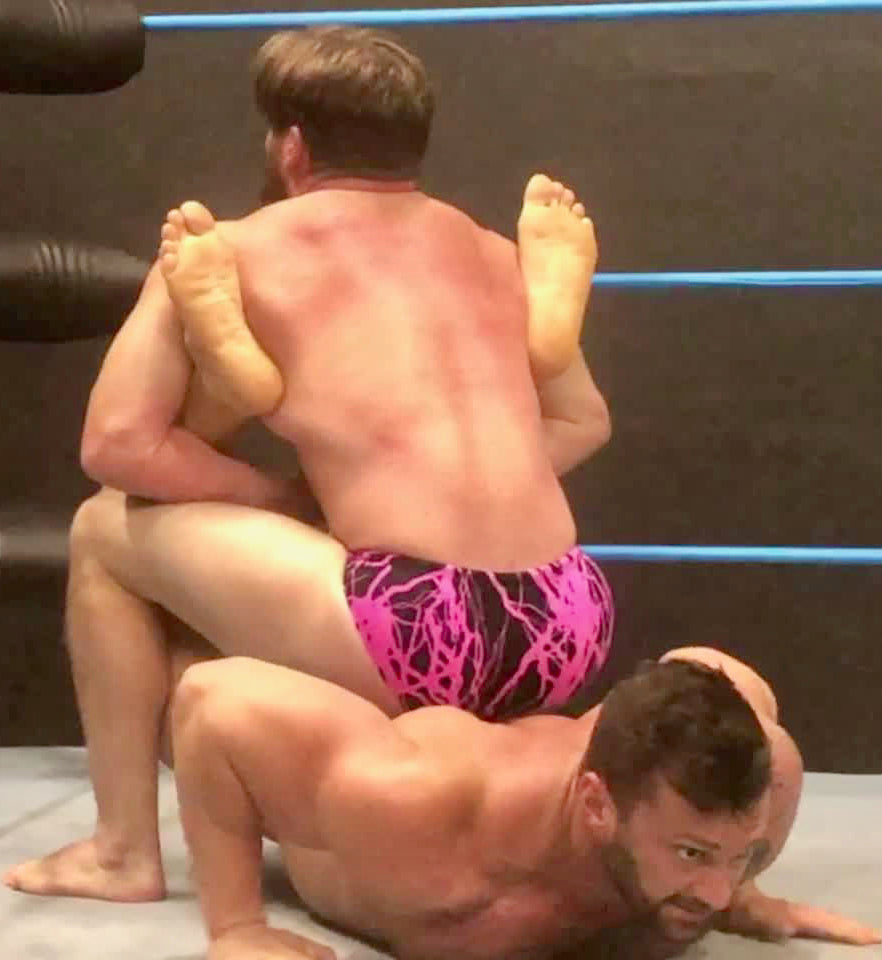 Joey King puts Stallion into a Boston crab at Thunders Arena Wrestling. 