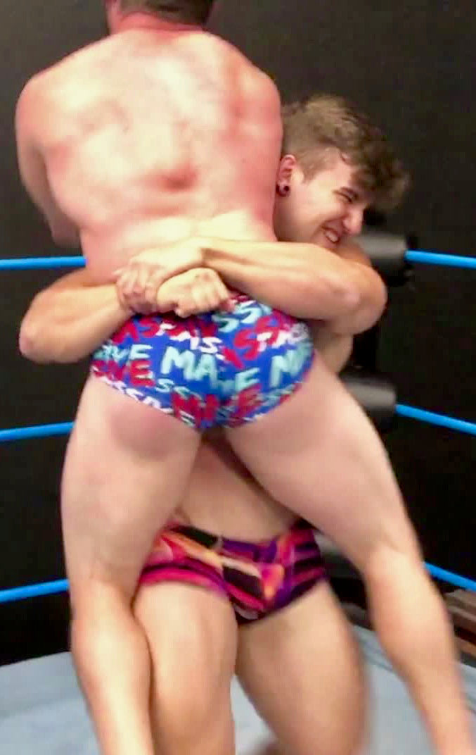 Loki bearhugs Joey King at Thunders Arena Wrestling.