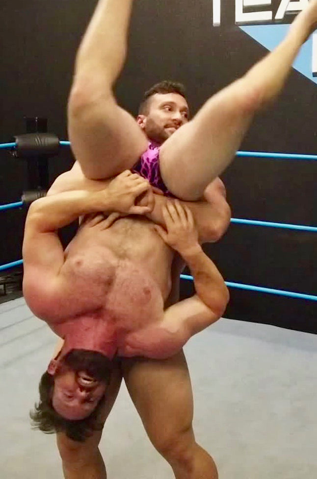 Stallion bearhugs Joey King at Thunders Arena Wrestling. 