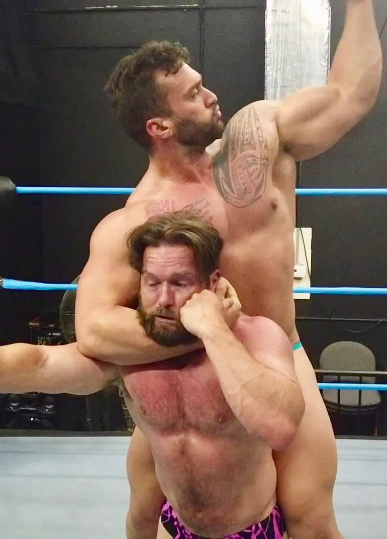Stallion puts Joey King into a sleeper at Thunders Arena Wrestling.
