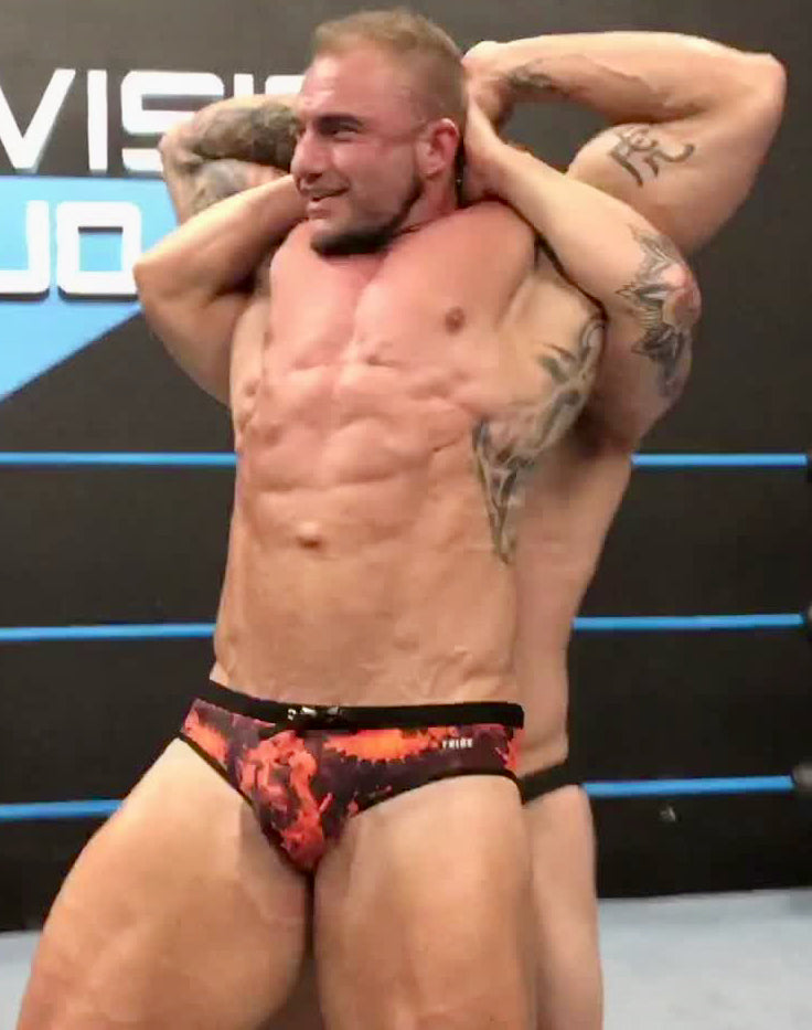 Dom Knight puts Bull into a full nelson at Thunders Arena Wrestling.