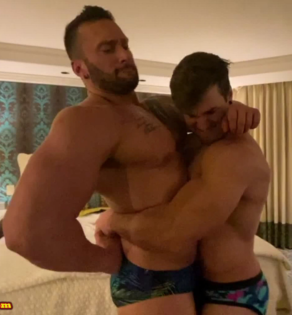 Loki bearhugs Stallion at Thunders Arena Wrestling. 